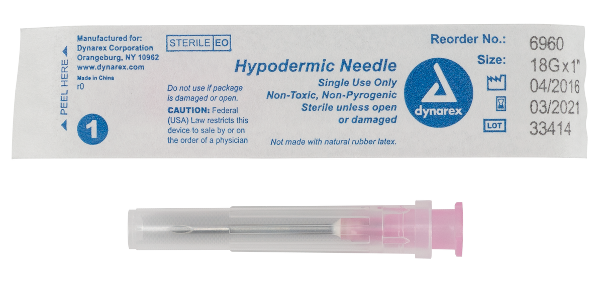Dynarex Hypodermic Needle Non-Safety 18G 1 inch 10/100/cs medical supply