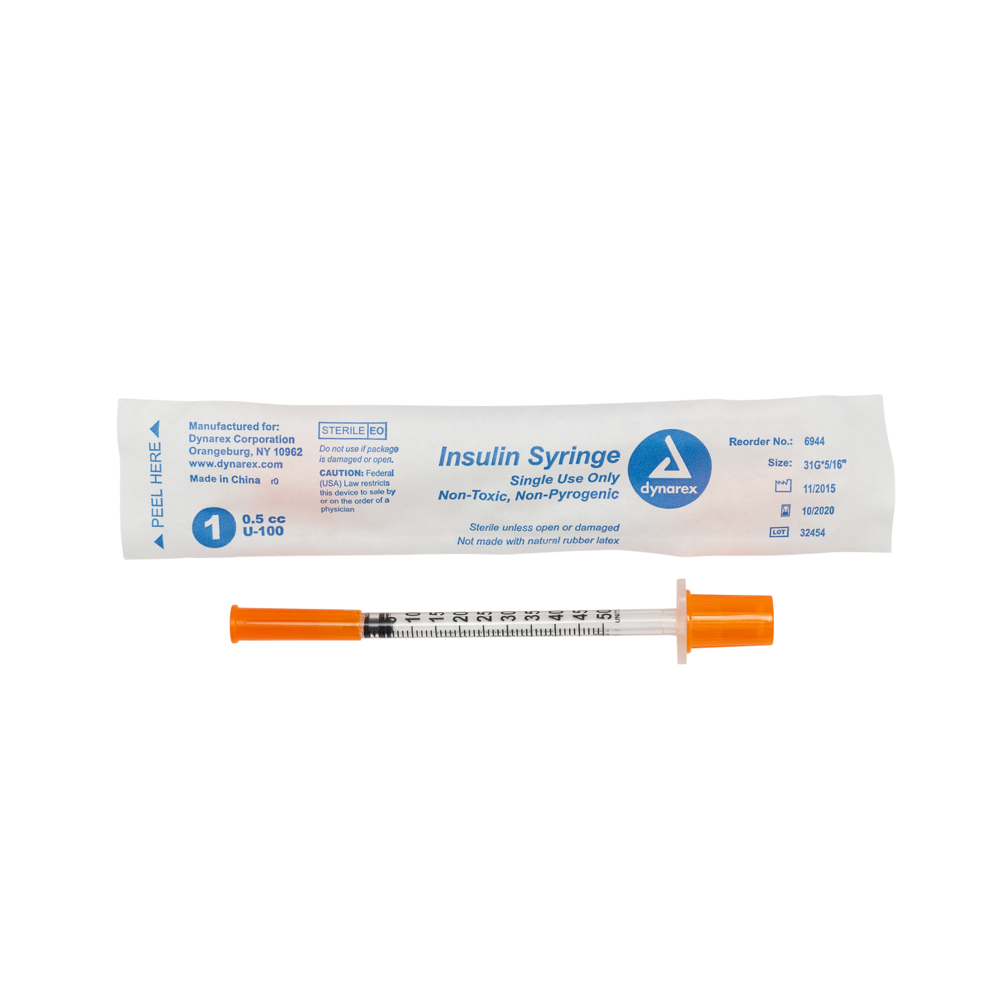 Dynarex Insulin Syringe Wrapped 27G 0.5cc 500/cs medical supply