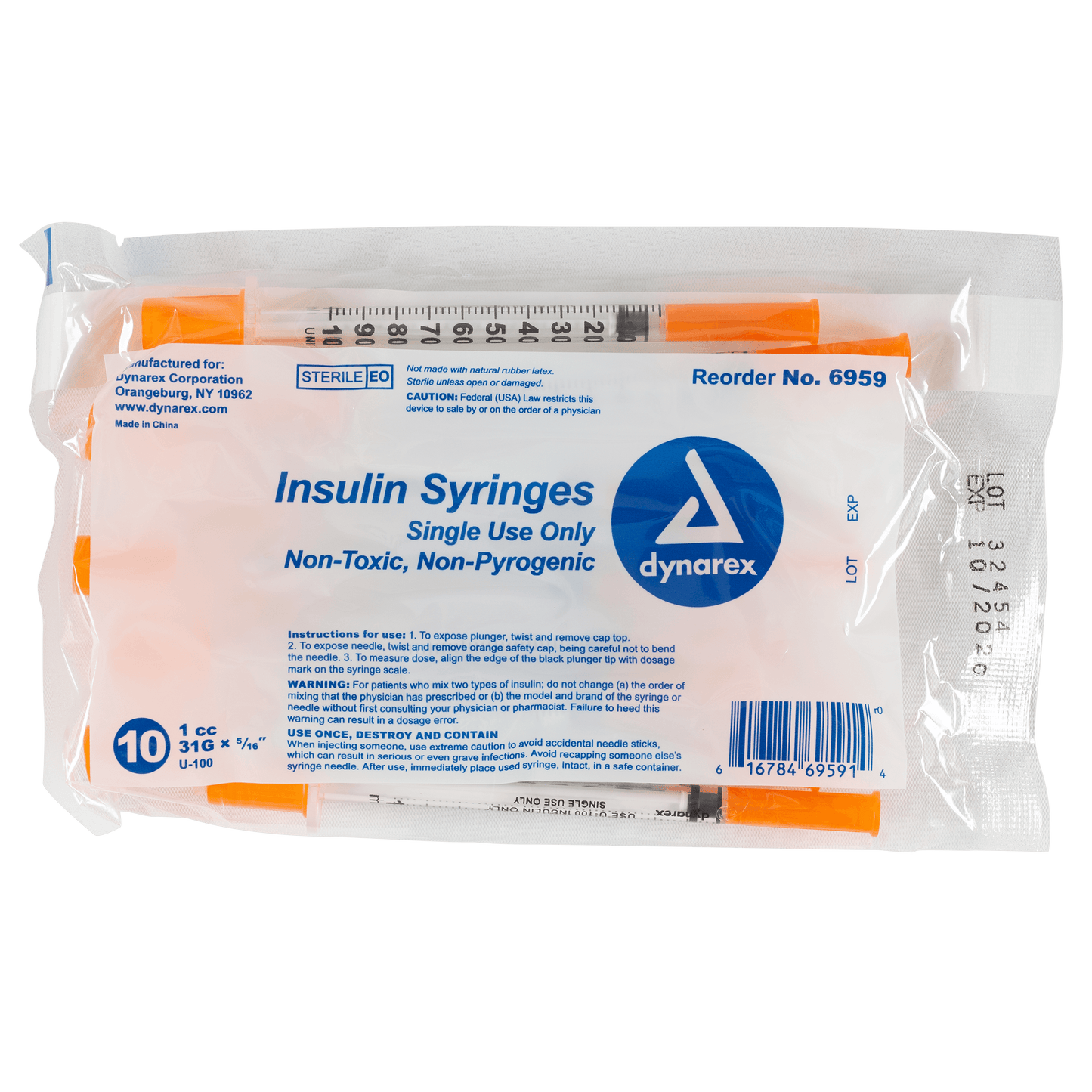 Dynarex Insulin Syringe Non-Toxic 31G 1cc 500/cs medical supply