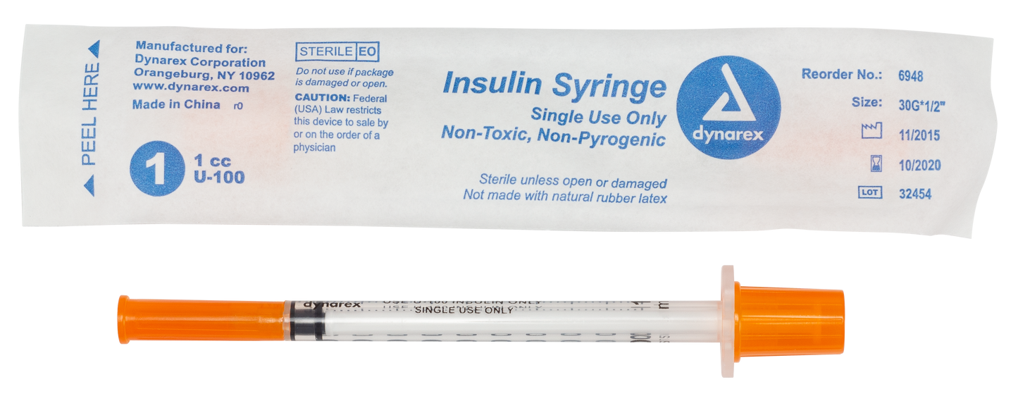 Dynarex Insulin Syringe 1cc 30G Wrapped Case medical supply