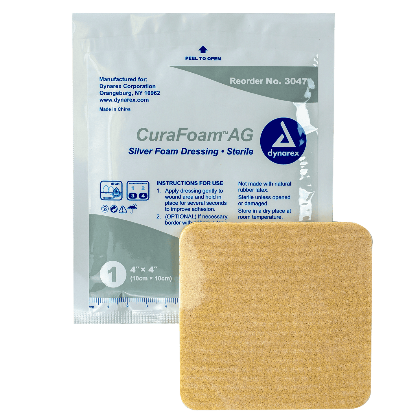 Dynarex CuraFoam AG Silver Foam Dressing 4" x 4" Case medical supply