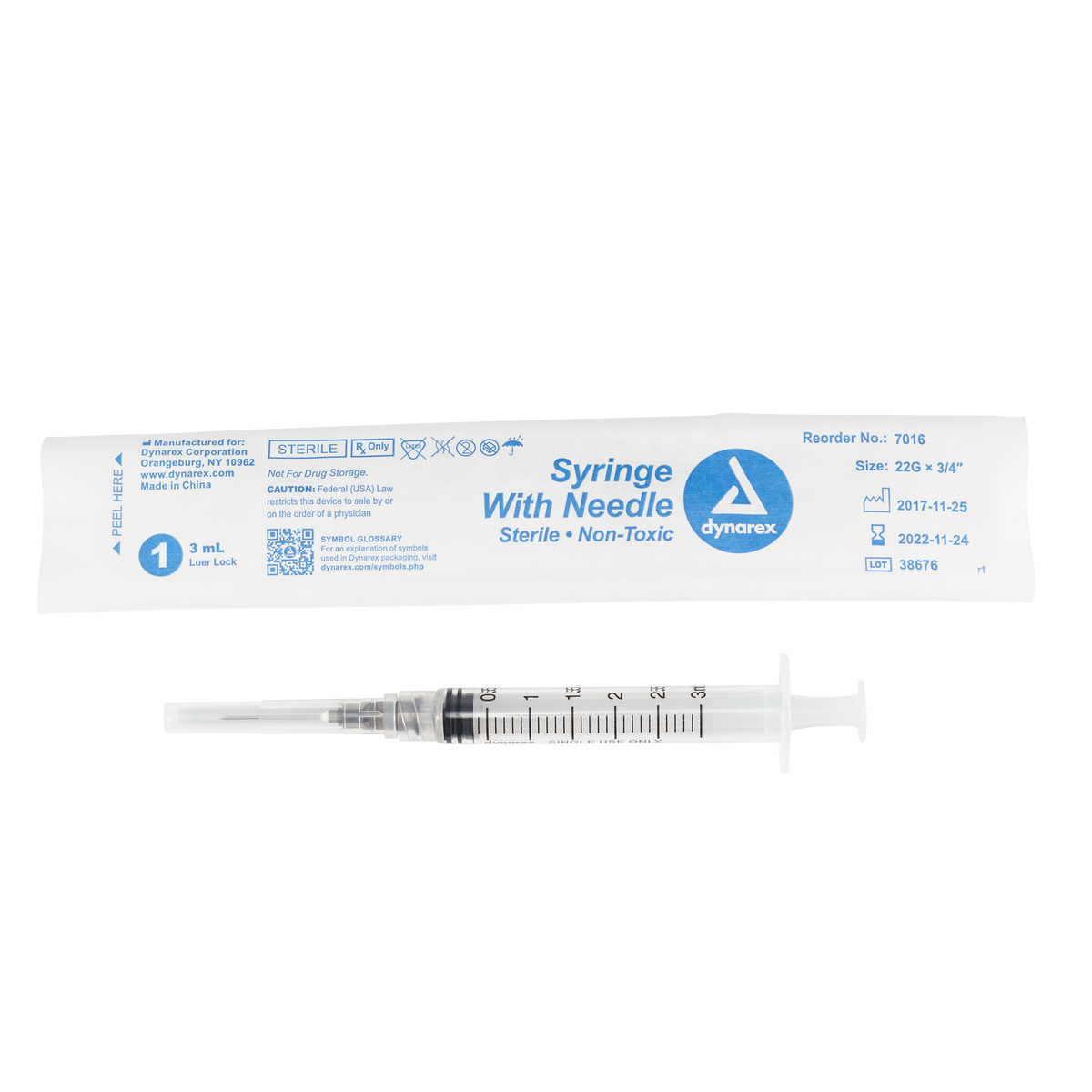 Dynarex Non-Safety Syringe with Needle Luer Lock 22G 3/4 inch 3cc Case medical supply
