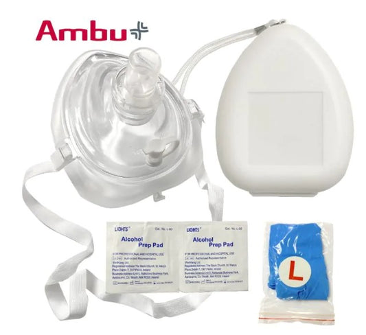 Kemp USA Ambu CPR Mask with O2 Inlet Headstrap Gloves and Wipes Blank No Logo medical supply