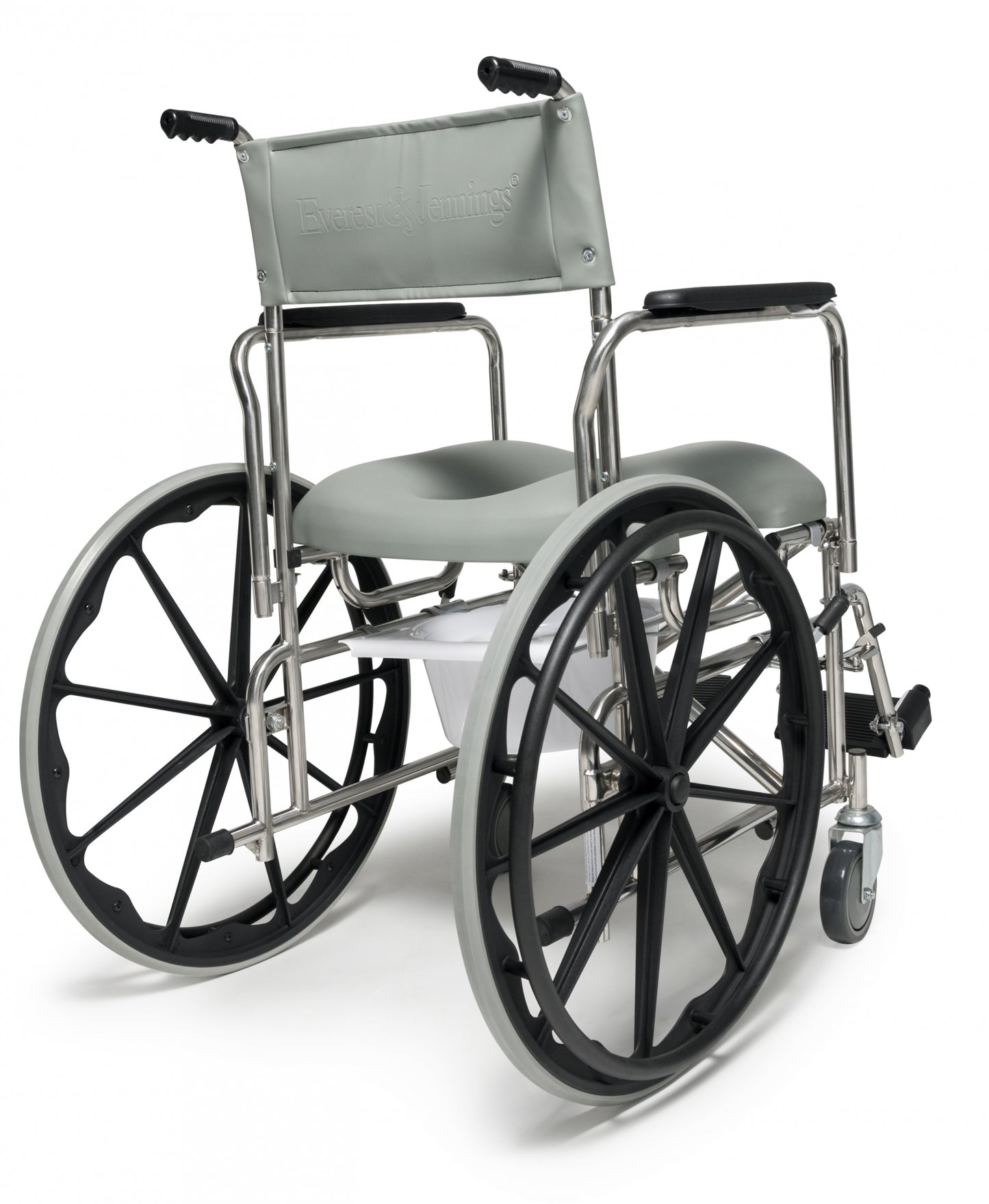 Folding rehab shower commode chair with 24-inch rear wheels, 19-inch high back, and 300 lb weight capacity – E&J model 12023110