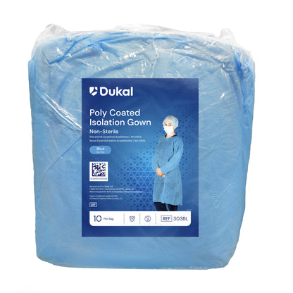Dukal Poly Coated Isolation Gown Blue 303BL Case of 50 medical supply