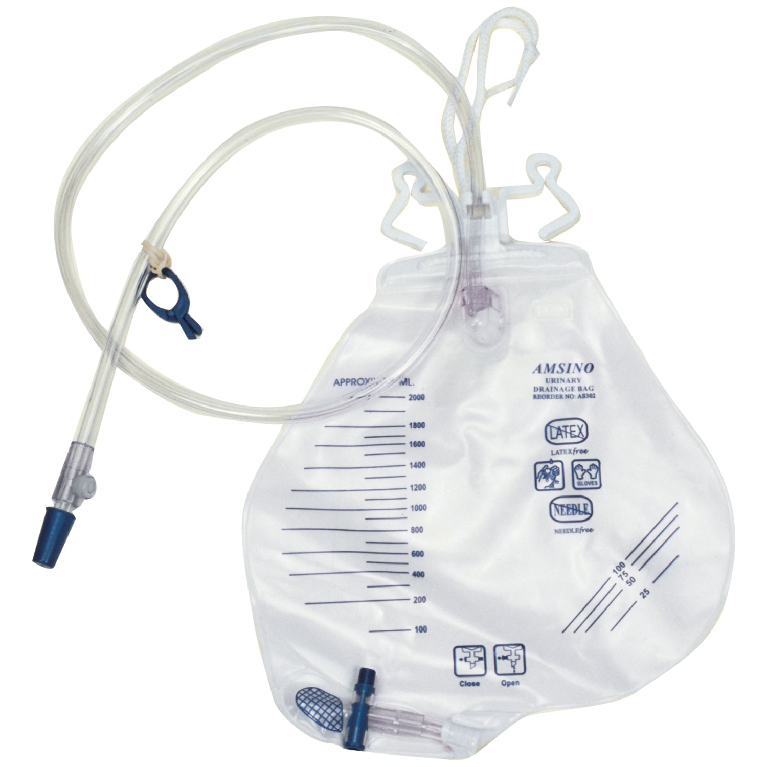 Amsino Drainage Bag 2000mL Anti-Reflux Chamber Double Hook Case medical supply