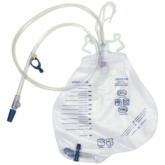 Amsino Drainage Bag 2000mL Anti-Reflux Chamber Double Hook Case medical supply