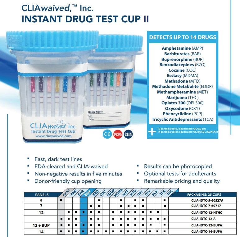 CLIAwaived IDTC II 12 Panel Drug Test Cup No THC Box of 25 medical supply