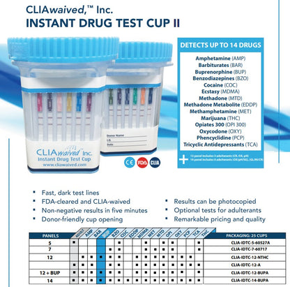 CLIAwaived IDTC II 12 Panel Drug Test Cup No THC Box of 25 medical supply