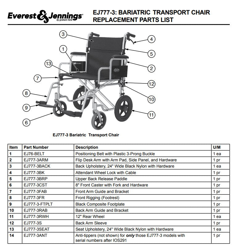 Everest & Jennings Bariatric Transport Chair, 24" Seat, 400 lbs Weight Capacity (EJ777-3) medical supply