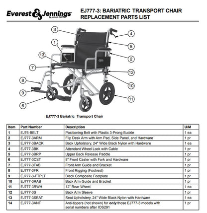 Everest & Jennings Bariatric Transport Chair, 24" Seat, 400 lbs Weight Capacity (EJ777-3) medical supply