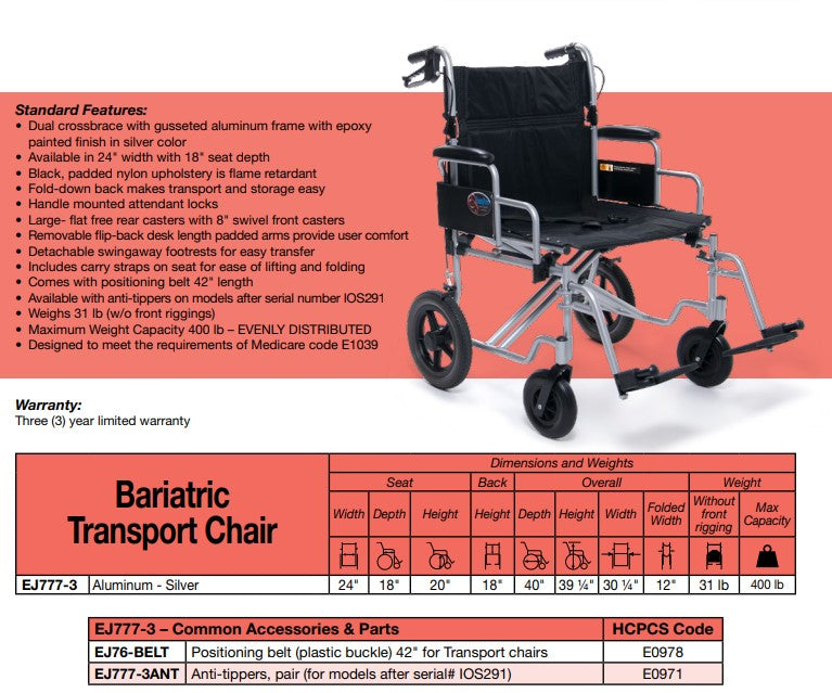 Everest & Jennings Bariatric Transport Chair, 24" Seat, 400 lbs Weight Capacity (EJ777-3) medical supply
