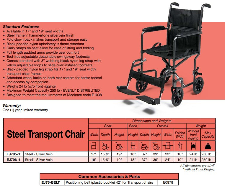 Everest & Jennings Steel Silver 17in Seat transport chair medical supply