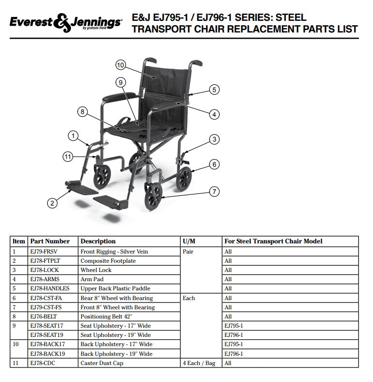 Everest & Jennings Steel Silver 17in Seat transport chair medical supply