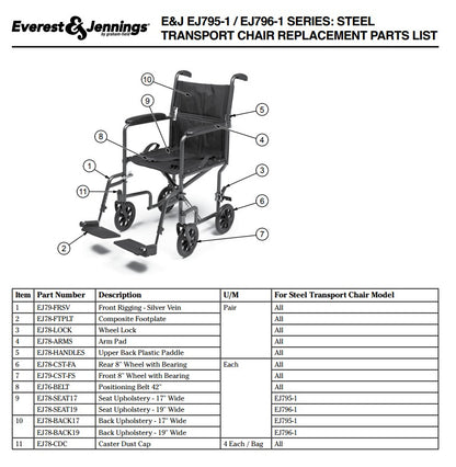 Everest & Jennings Steel Silver 17in Seat transport chair medical supply