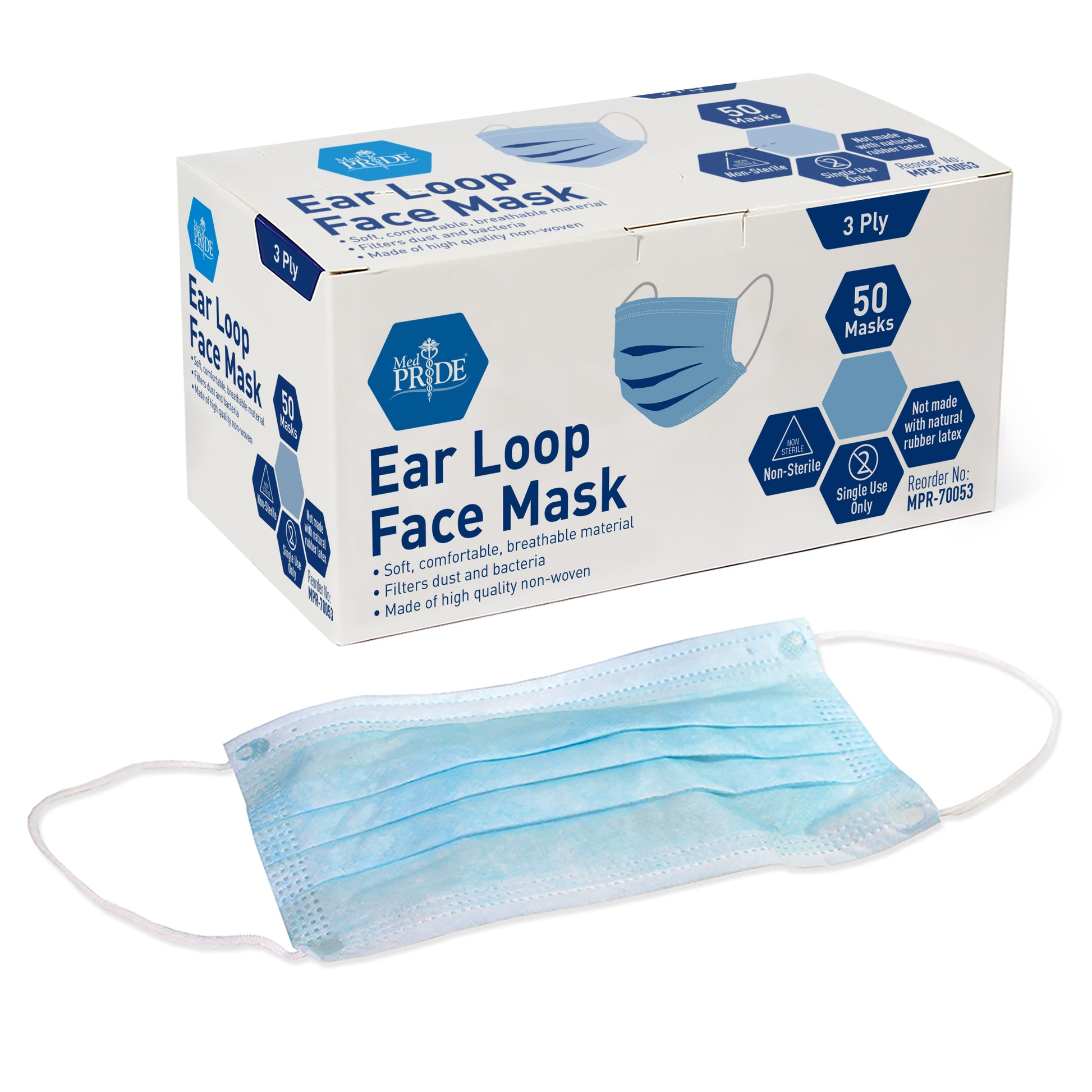MedPride Ear Loop Face Mask Blue 12/50 Case medical supply