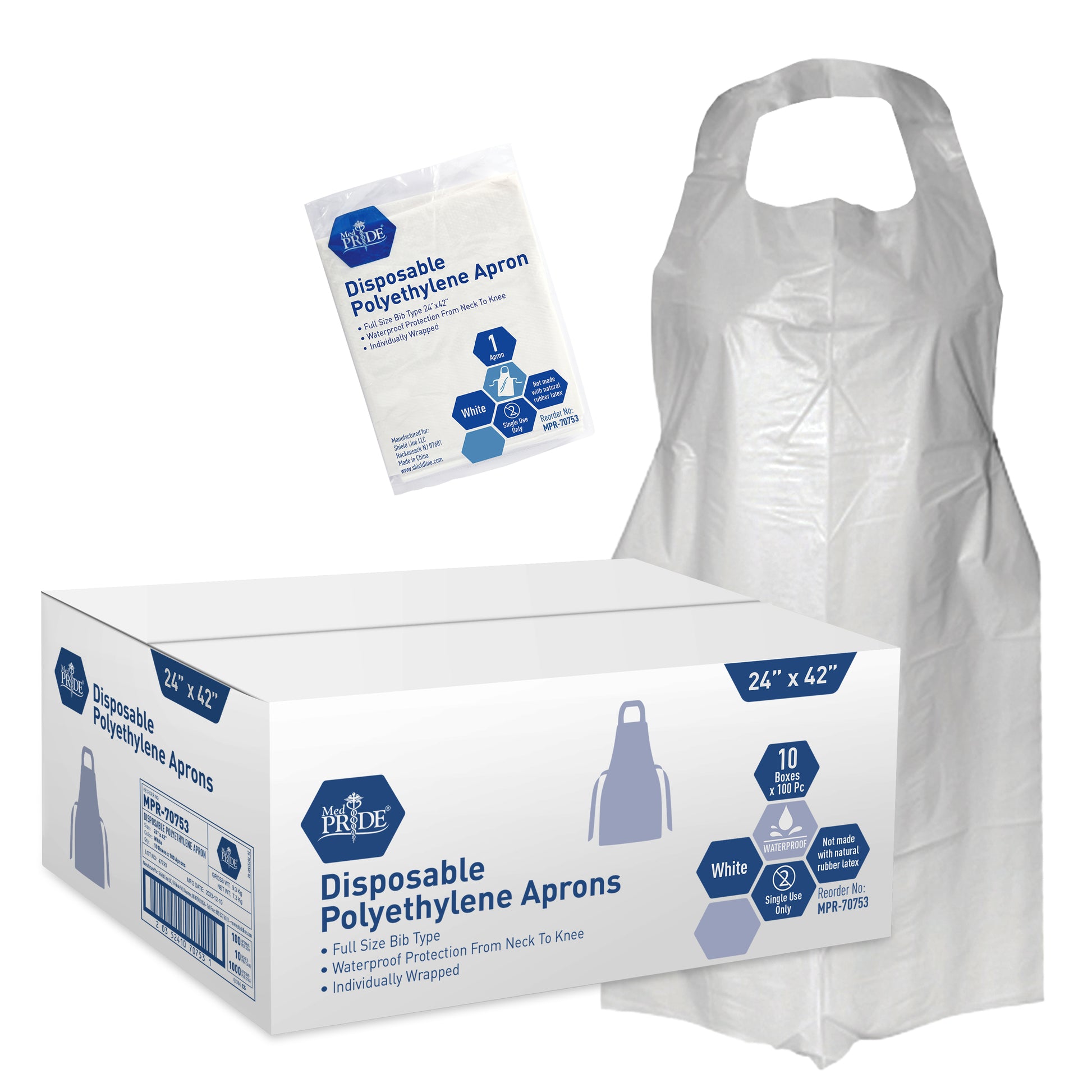 MedPride Disposable PE Aprons Individually Wrapped 24 inch x 42 inch case medical supply