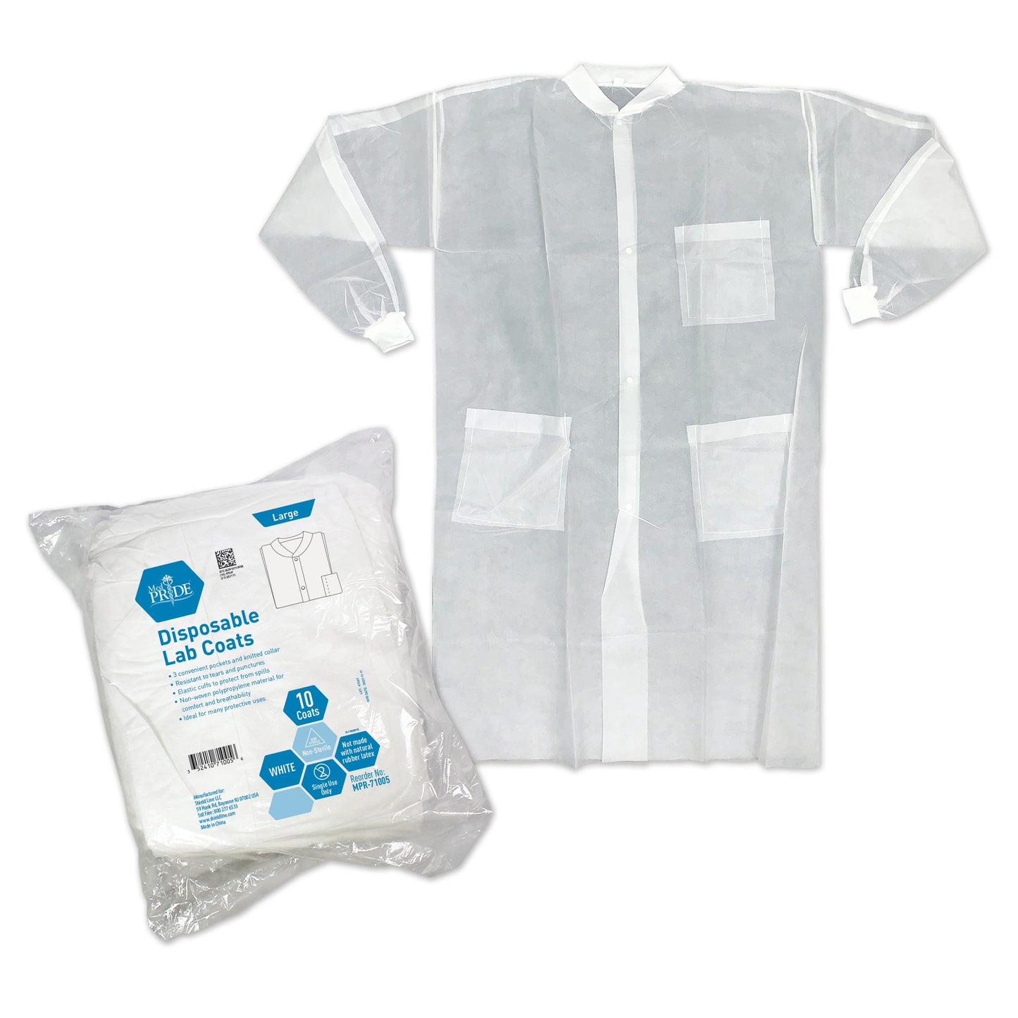 Lab Coat Blue Lrg w/3 Pocket Knit Collar and Cuff - 3/10/cs. (MPR-71015), White