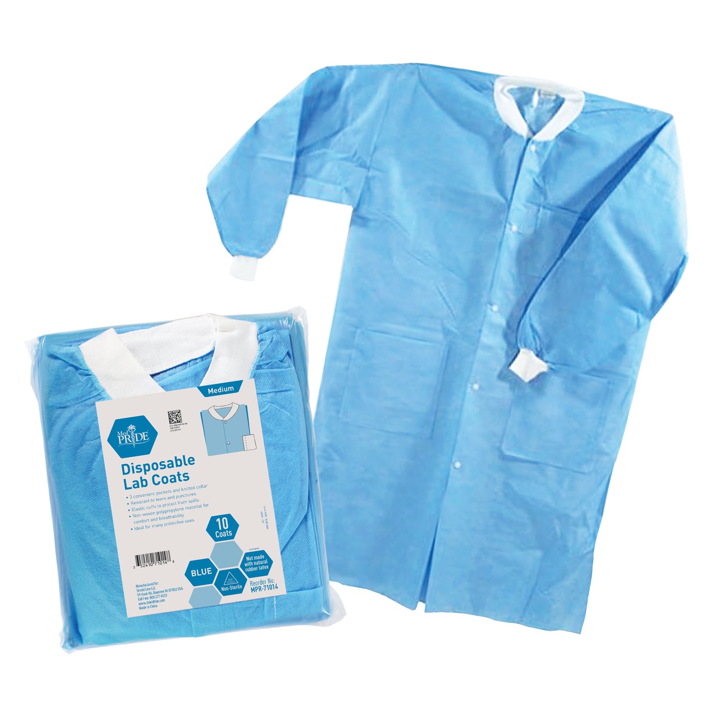 MedPride Lab Coat Blue Medium 3 Pocket Knit Collar Cuff 3/10/cs medical supply