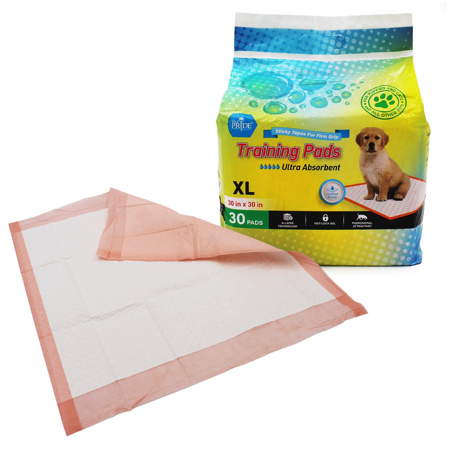 MedPride Pet Pads, 30 x 30 w/ pheromone & sticky strip (30 gram) - 6/30/cs. medical supply