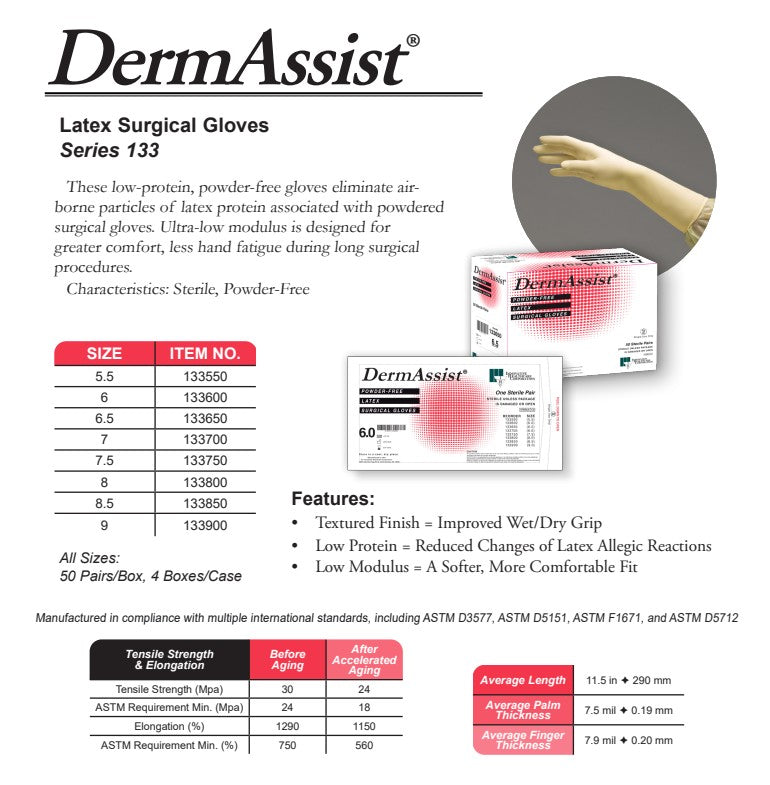 Innovative DermAssist Series 133 Size 6.5 Latex Sterile Surgical Gloves 200 Pairs/Case medical supply
