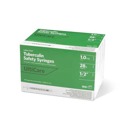 UltiMed TB Safety Syringe Fixed Needle 1cc 28G x 1/2 inch box medical supply