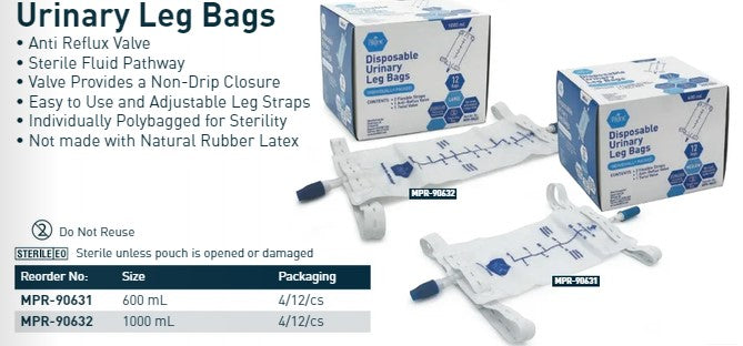 MedPride Urinary Leg Bags, Large, 1000ml, Sterile, Case (MPR-90632) medical supply