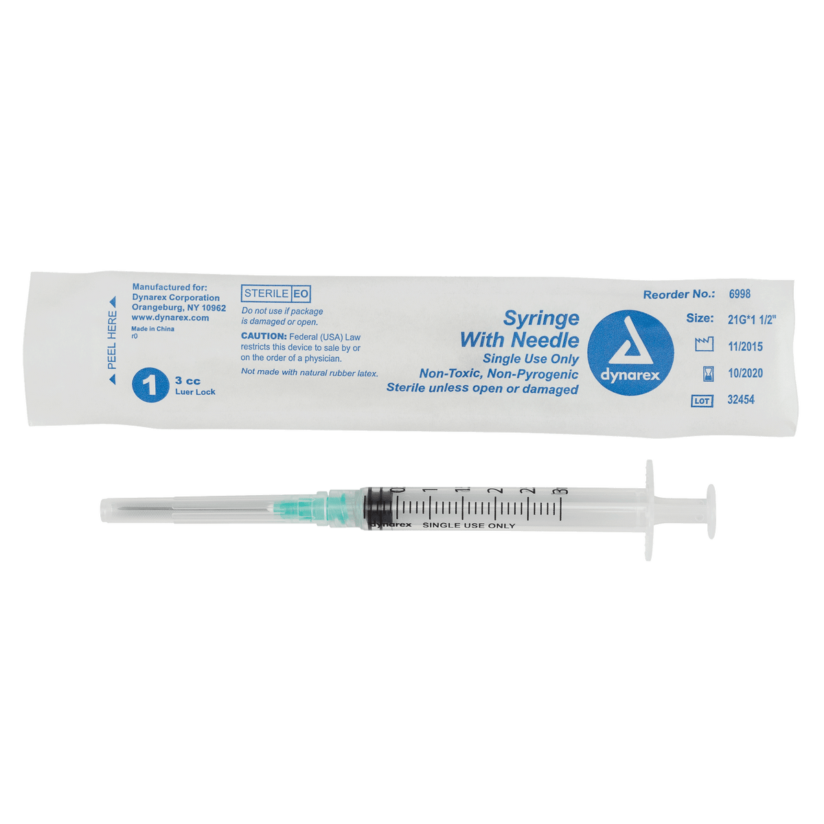 Dynarex Non-Safety Syringe with Needle Luer Lock 21G 1.5 inch 3cc Case medical supply