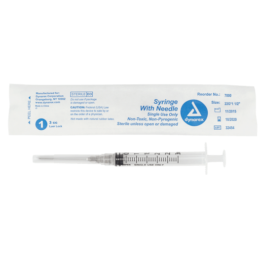 Dynarex Non-Safety Syringe with Needle Luer Lock 22G 1.5 inch 3cc Case medical supply