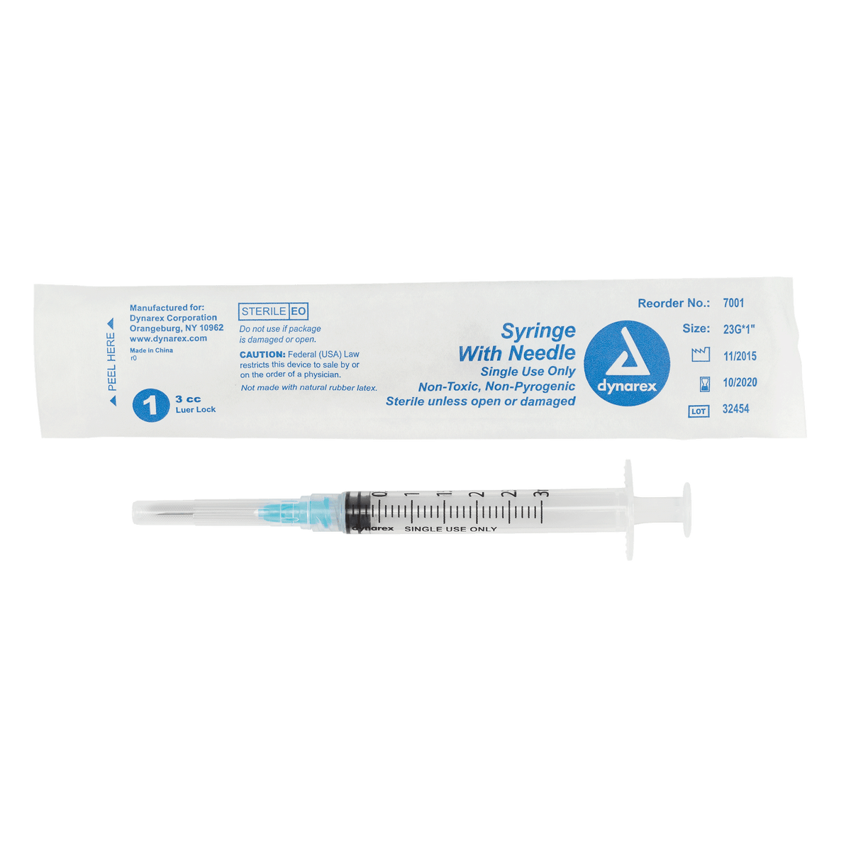 Dynarex Non-Safety Syringe with Needle Luer Lock 23G 1 inch 3cc Case medical supply