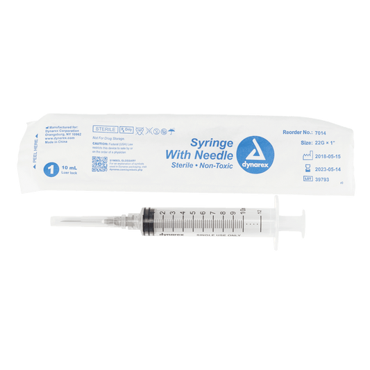 Dynarex Non-Safety Syringe with Needle Luer Lock 22G 1 inch 10cc Case medical supply