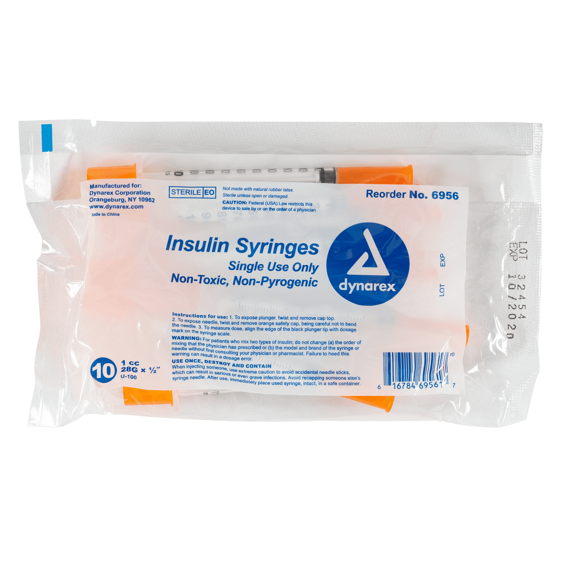 Dynarex Insulin Syringe Non-Toxic 28G 1cc 500/cs medical supply