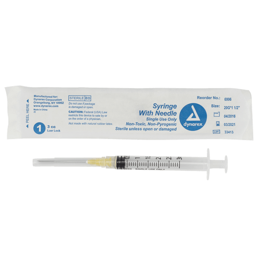 Dynarex Non-Safety Syringe with Needle Luer Lock 20G 1.5 inch 3cc Case medical supply