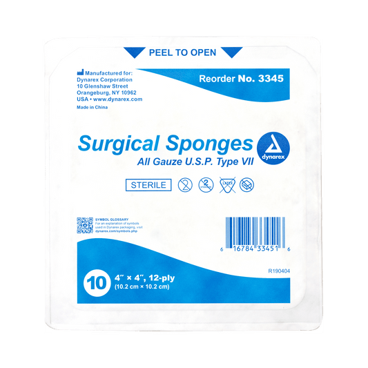 Dynarex Sterile Surgical Gauze Sponge 4" x 4" 12-Ply 128/10/cs medical supply
