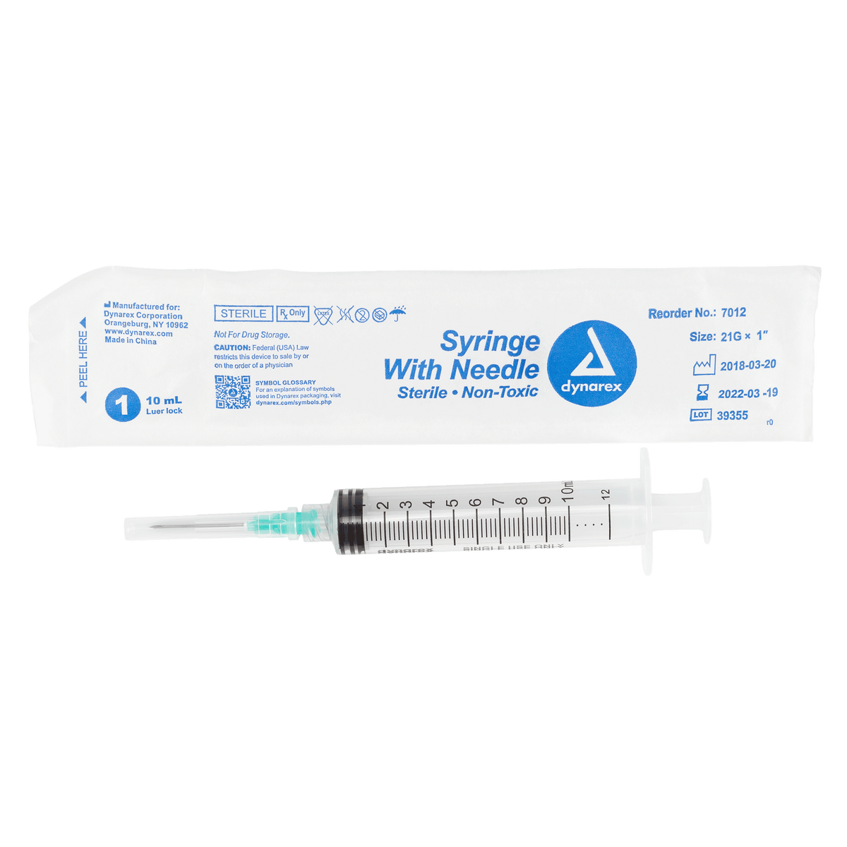 Dynarex Non-Safety Syringe with Needle Luer Lock 21G 1 inch 10cc Case medical supply