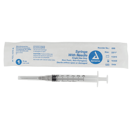 Dynarex Non-Safety Syringe with Needle Luer Lock 22G 1 inch 3cc Case medical supply