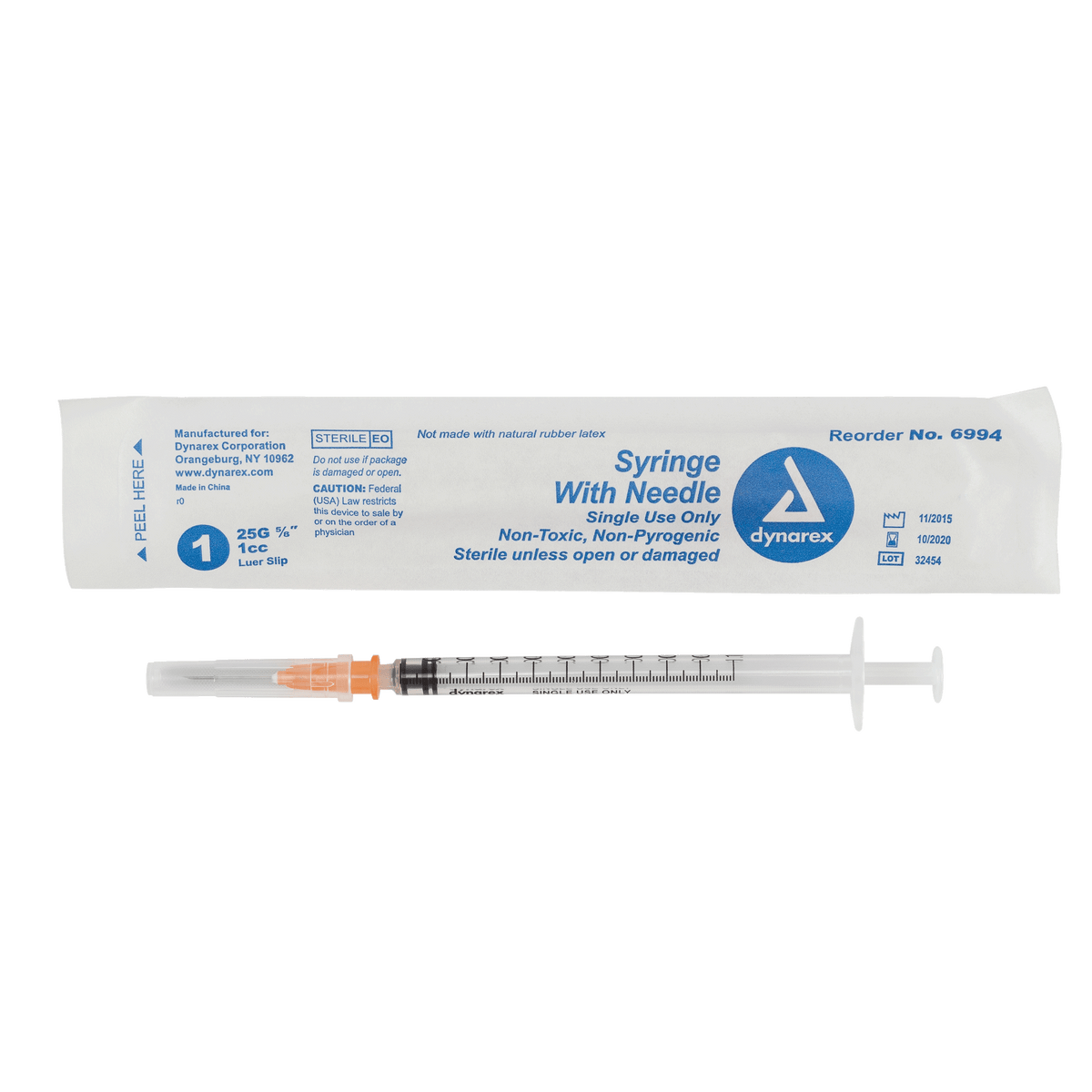Dynarex Non-Safety Syringe with Needle Luer Slip 25G 5/8 inch 1cc Case medical supply