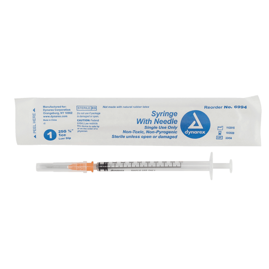 Dynarex Non-Safety Syringe with Needle Luer Slip 25G 5/8 inch 1cc Case medical supply