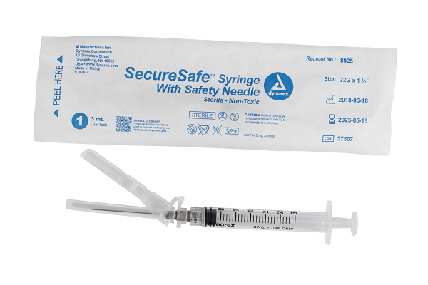 Dynarex SecureSafe Syringe Safety Needle Luer Lock 22G 1.5 inch 3 cc medical supply