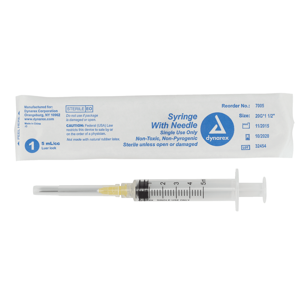 Dynarex Non-Safety Syringe with Needle Luer Lock 20G 1.5 inch 5cc Case medical supply