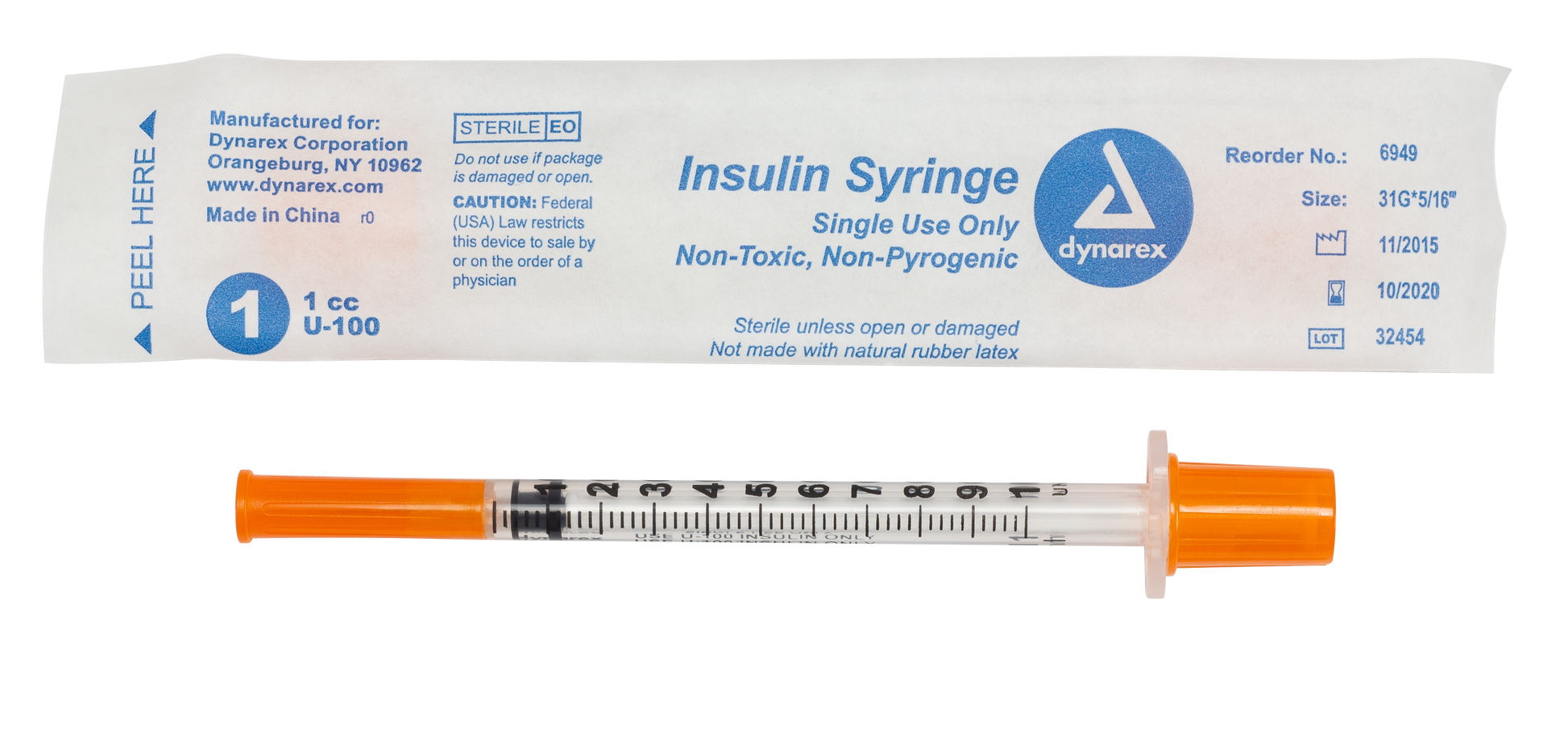 Dynarex Insulin Syringe 1cc 31G Wrapped Case medical supply