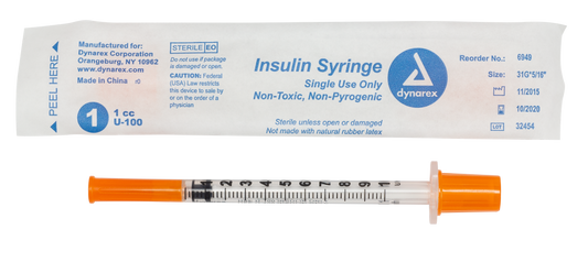 Dynarex Insulin Syringe 1cc 31G Wrapped Case medical supply