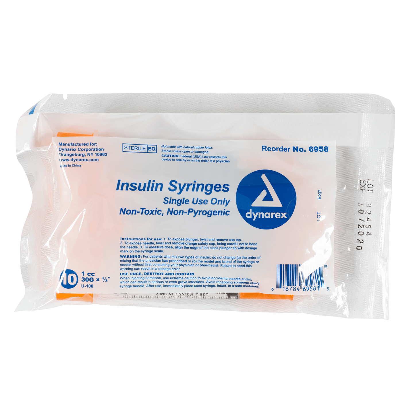 Dynarex Insulin Syringe Non-Toxic 30G 1cc 500/cs medical supply