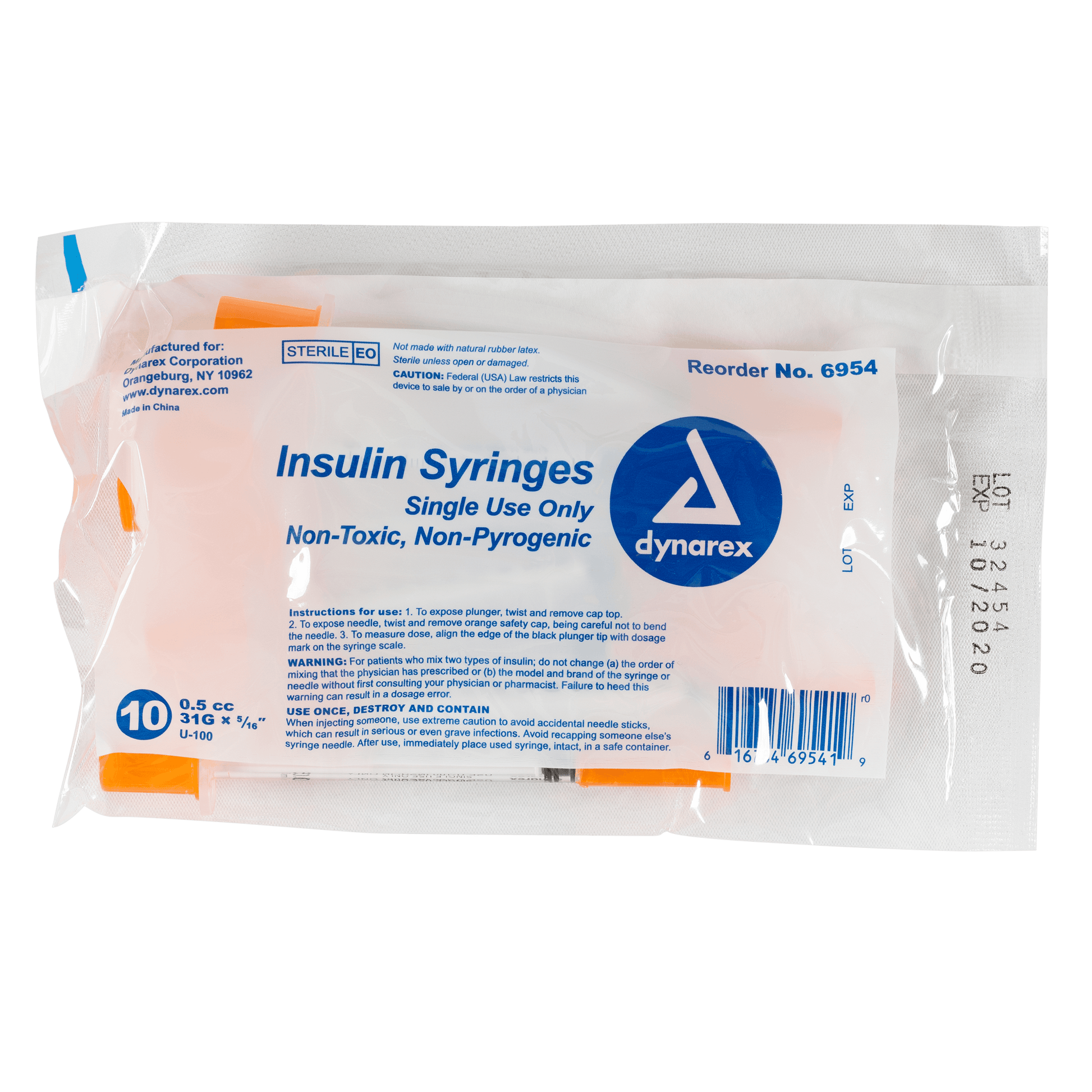Dynarex Insulin Syringe Non-Toxic 31G 0.5cc 500/cs medical supply