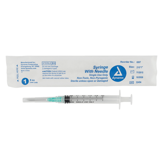 Dynarex Non-Safety Syringe with Needle Luer Lock 21G 1 inch 3cc Case medical supply