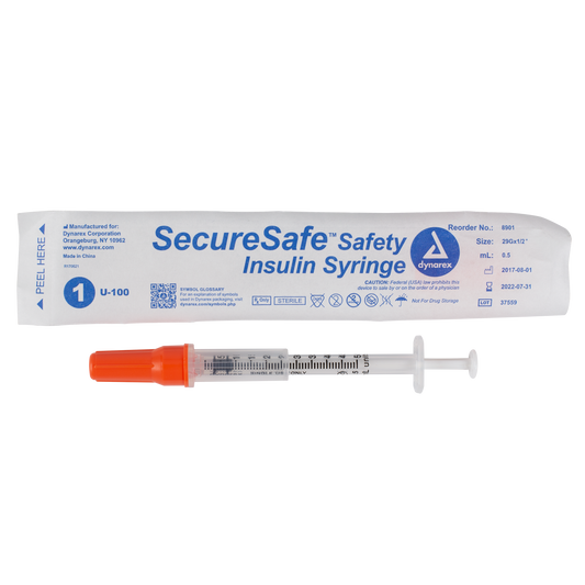 Dynarex SecureSafe Safety Insulin Syringe 0.5 ml 29G 1/2 inch medical supply