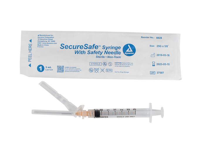 Dynarex SecureSafe Syringe Safety Needle Luer Lock 25G 5/8 inch 3 cc medical supply