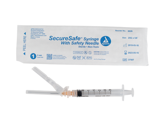 Dynarex SecureSafe Syringe Safety Needle Luer Lock 25G 5/8 inch 3 cc medical supply