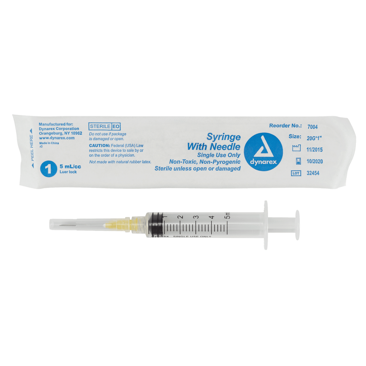 Dynarex Non-Safety Syringe with Needle Luer Lock 20G 1 inch 5cc Case medical supply
