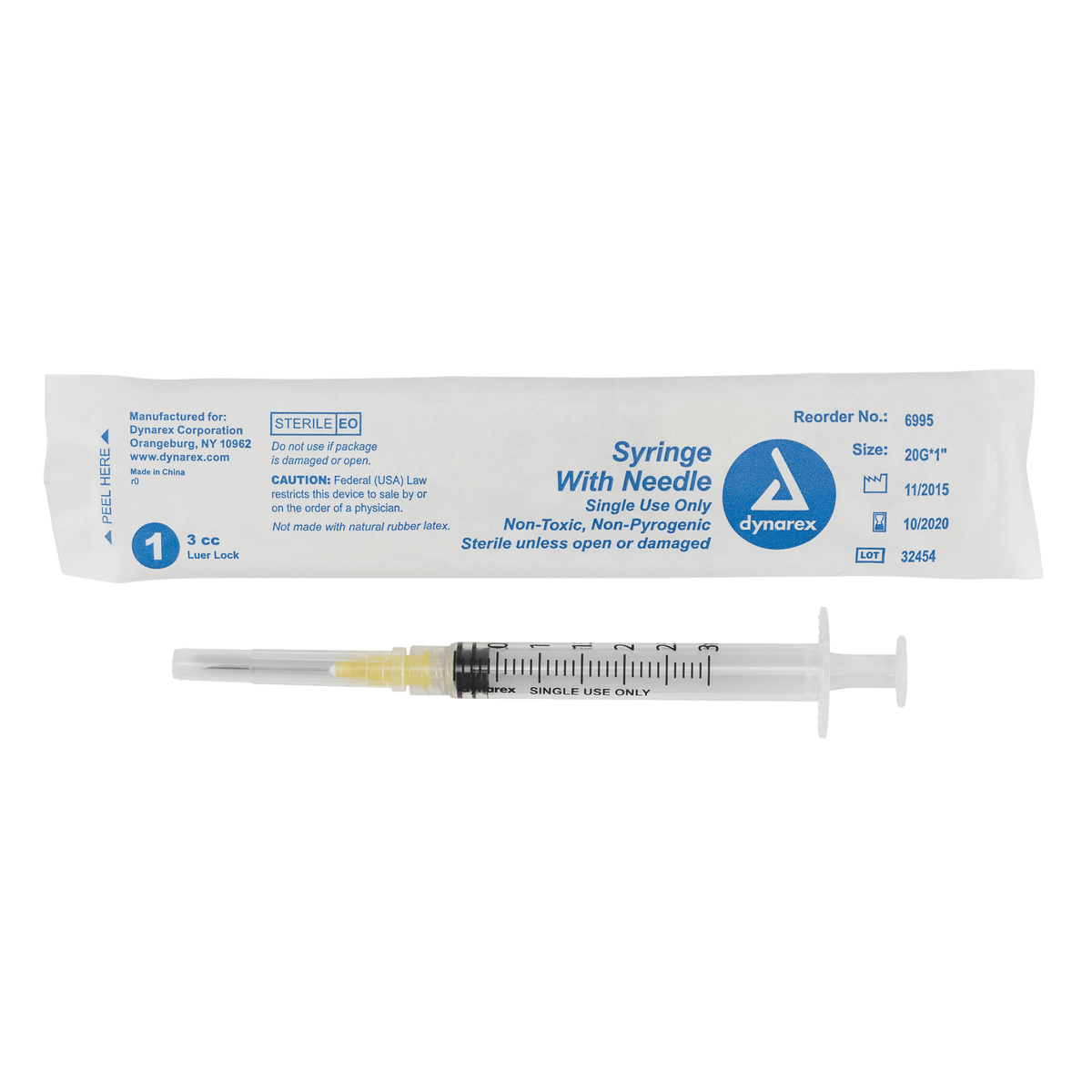 Dynarex Non-Safety Syringe with Needle Luer Lock 20G 1 inch 3cc Case medical supply